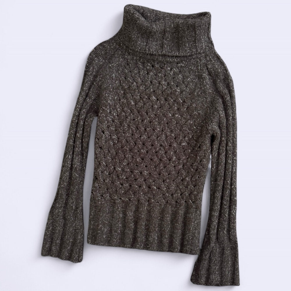 vintage 90s alpine design brown knit turtleneck sweater flared sleeves Y2K